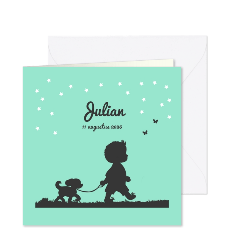 Hip geboortekaartje met jongetje en lief hondje  - Kaartimpressie