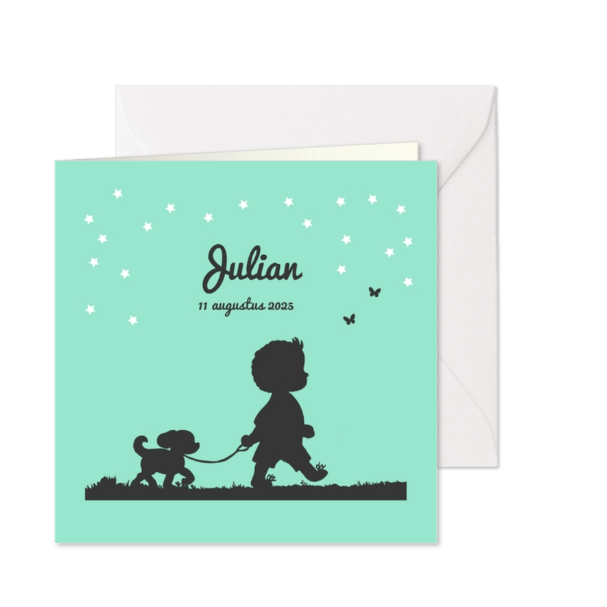 Hip geboortekaartje met jongetje en lief hondje - Kaartimpressie