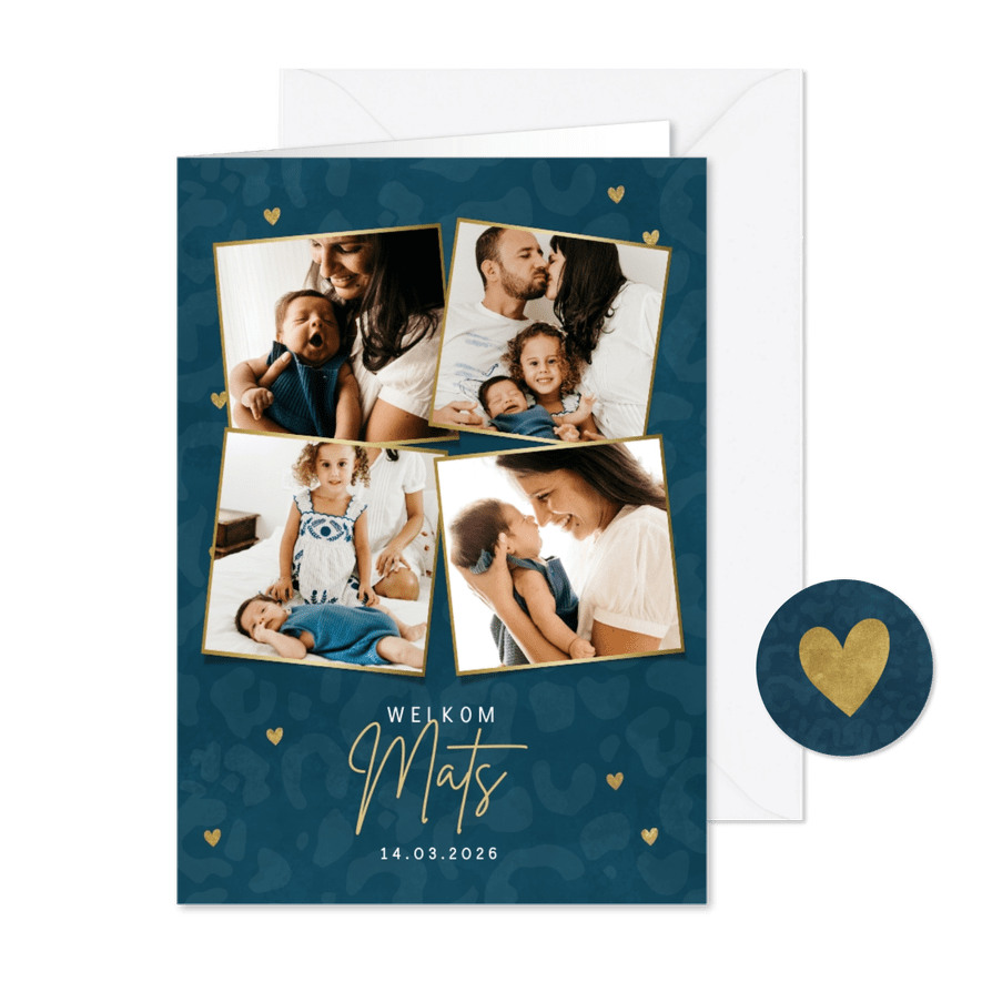 Hip geboortekaartje met panterprint gouden hartjes & foto's - Kaartimpressie