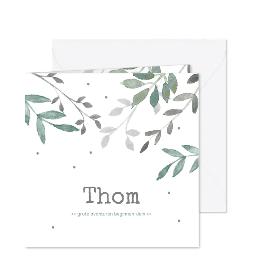 Hip geboortekaartje met takjes en kleine stipjes - Kaartimpressie