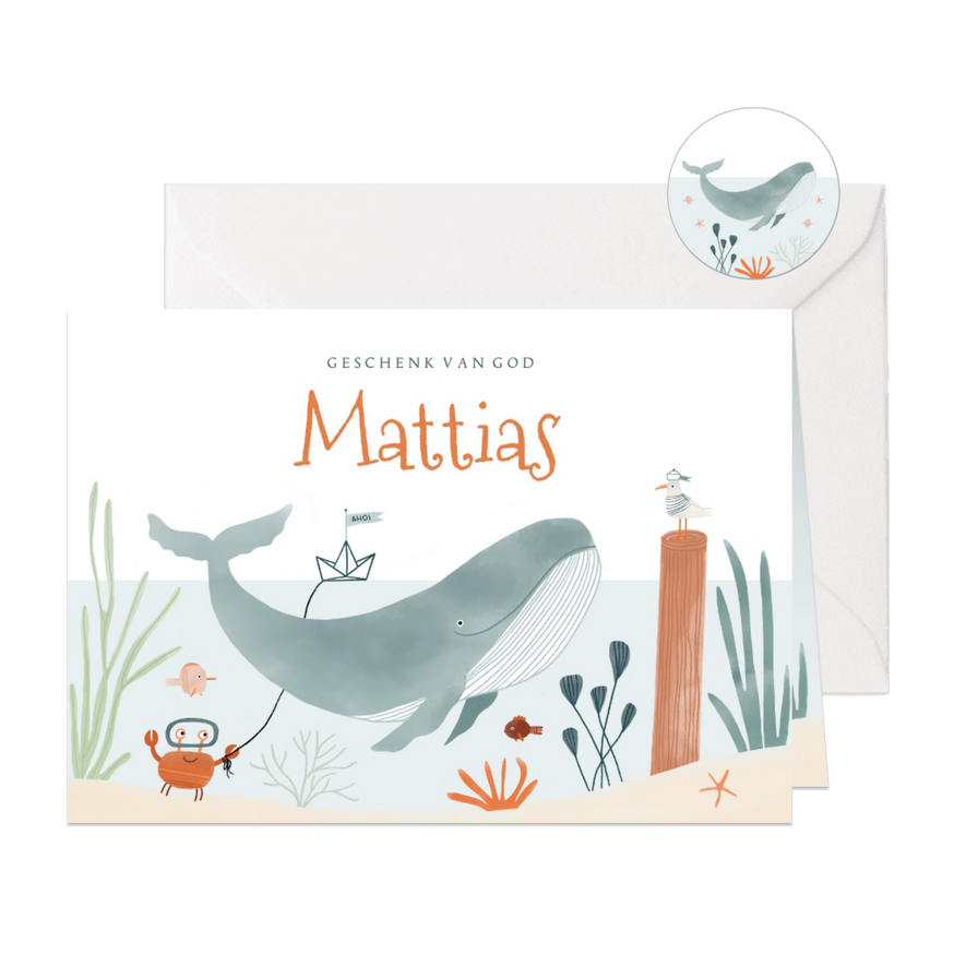 Hip geboortekaartje onderwater walvis dieren illustratie - Kaartimpressie