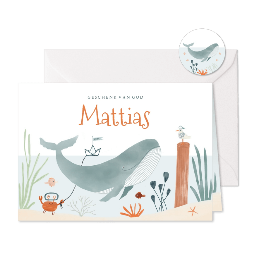 Hip geboortekaartje onderwater walvis dieren illustratie - Kaartimpressie