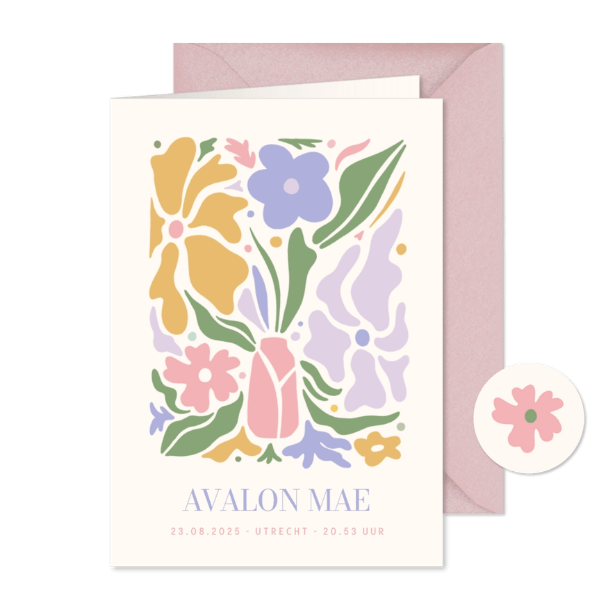 Hip geboortekaartje poster stijl met gekleurde bloemen - Kaartimpressie