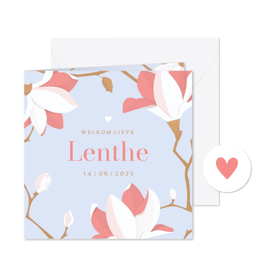 Hip geboortekaartje stijlvolle illustratie wit-roze magnolia - Kaartimpressie