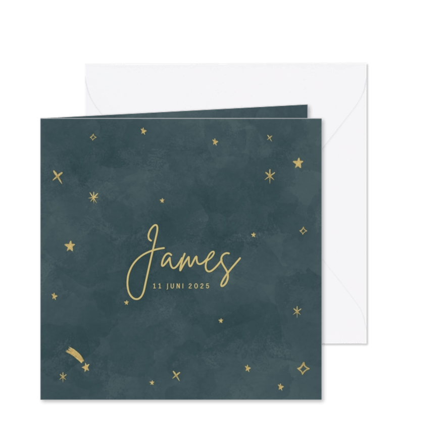 Hip geboortekaartje voor een jongen met gouden sterretjes - Kaartimpressie