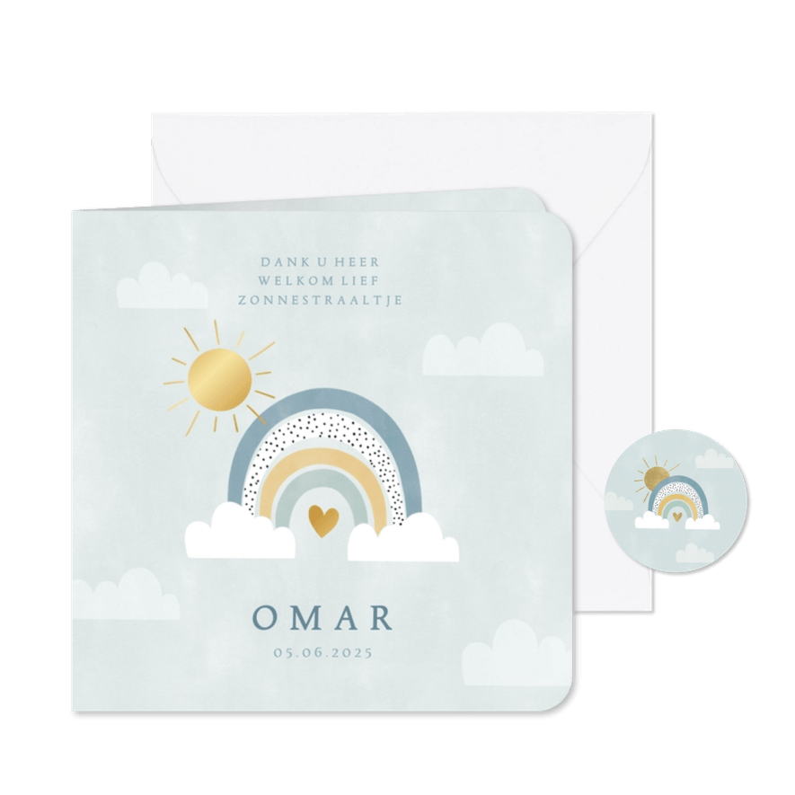 Hip geboortekaartje zon achter regenboog en wolkjes - Kaartimpressie