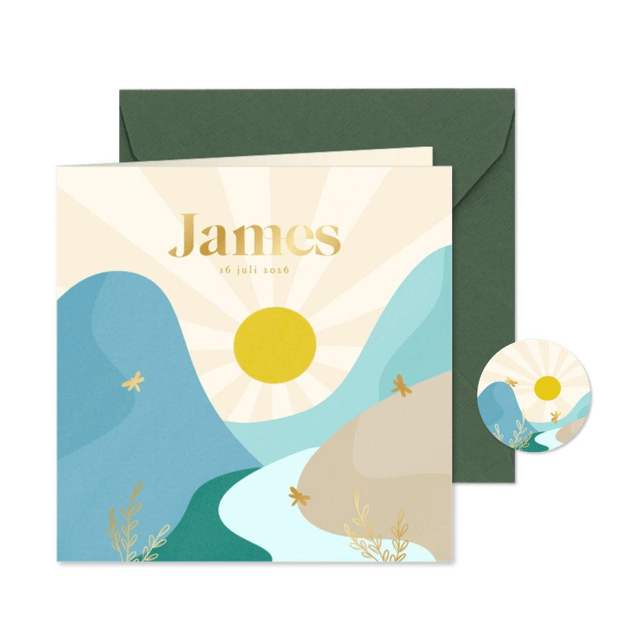 Hip geboortekaartjes jongen met landschap en gouden libelle - Kaartimpressie