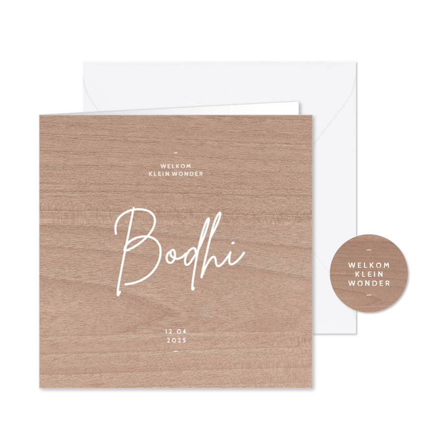 Hip geboortjekaartje neutraal houtlook minimalistisch - Kaartimpressie