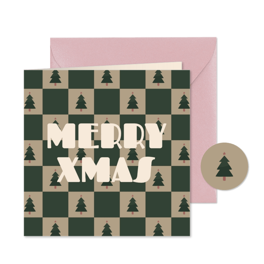 Hip kerstkaartje blokjespatroon met kerstbomen Merry Xmas - Kaartimpressie
