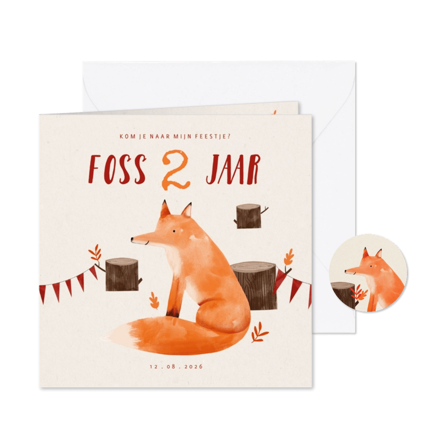 Hip kinderfeestje uitnodiging vosje in het bos en slingers - Kaartimpressie