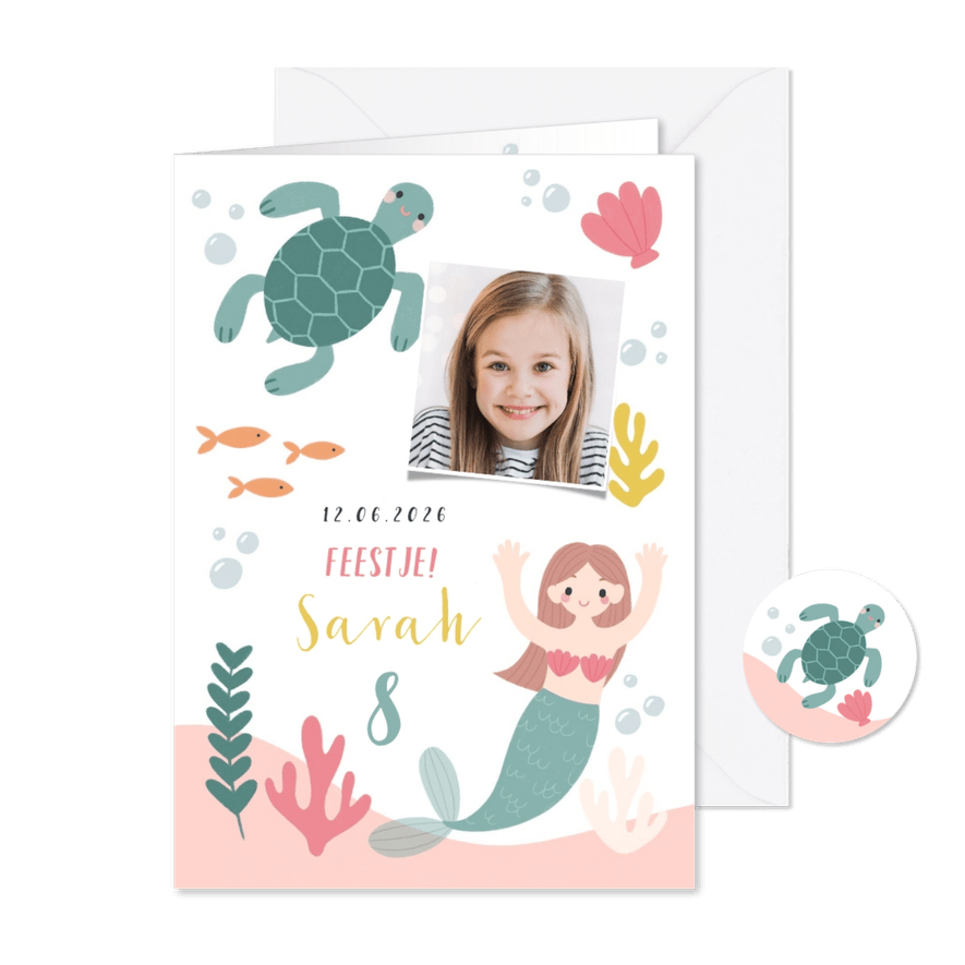 Hip kinderfeestje uitnodiging zeemeermin, schildpad en foto - Kaartimpressie