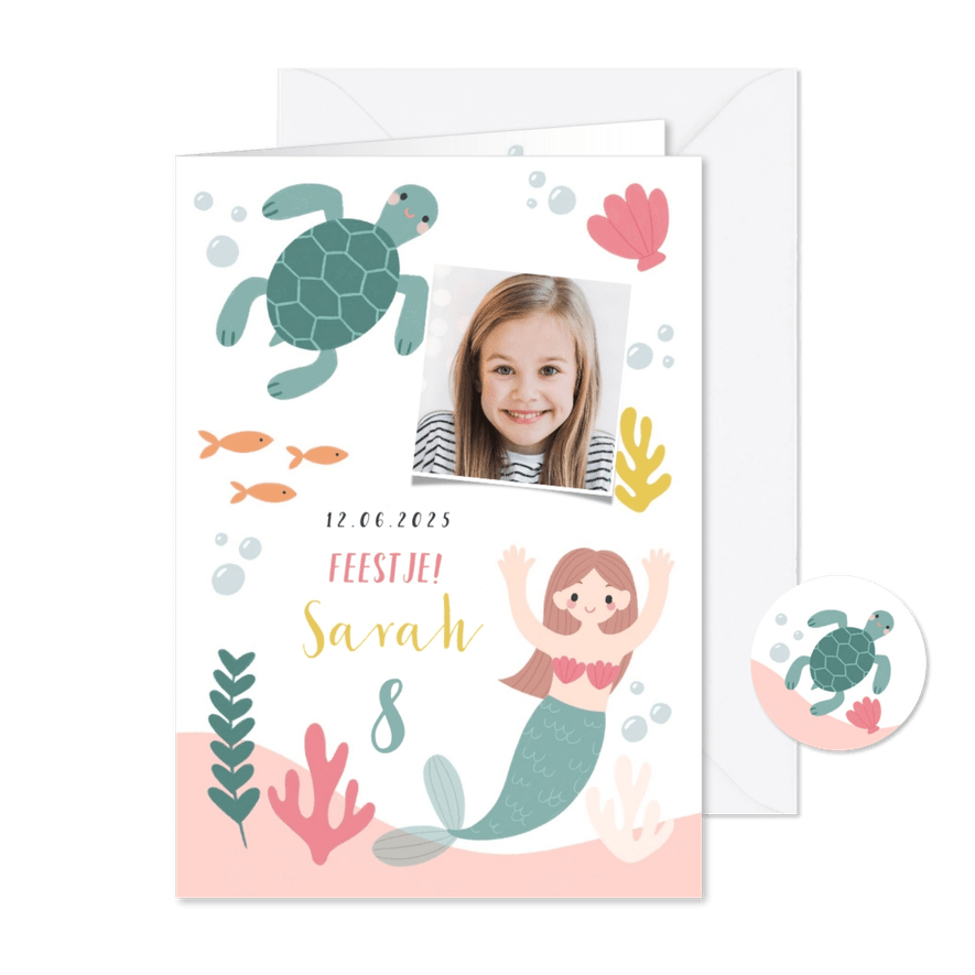 Hip kinderfeestje uitnodiging zeemeermin, schildpad en foto - Kaartimpressie