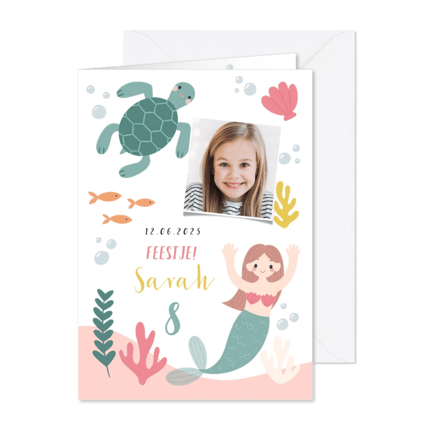Hip kinderfeestje uitnodiging zeemeermin, schildpad en foto - Kaartimpressie
