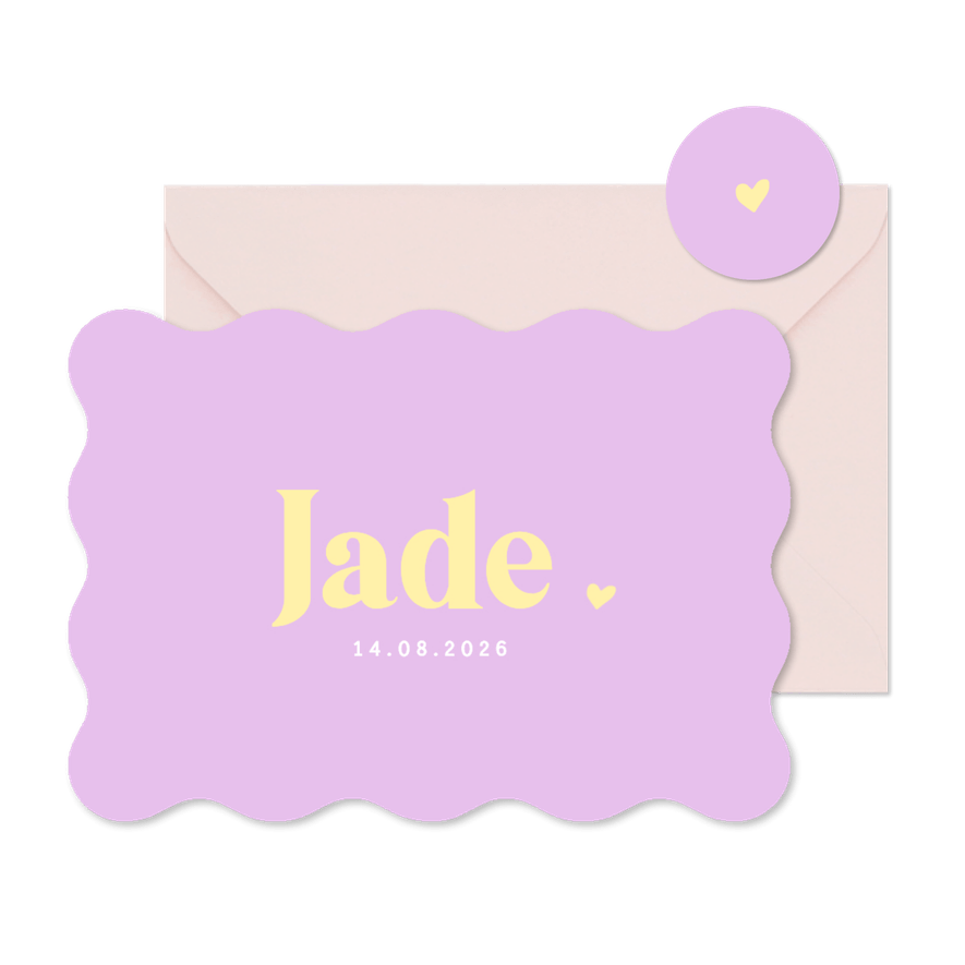 Hip lila colorblocking geboortekaartje meisje golvende rand - Kaartimpressie