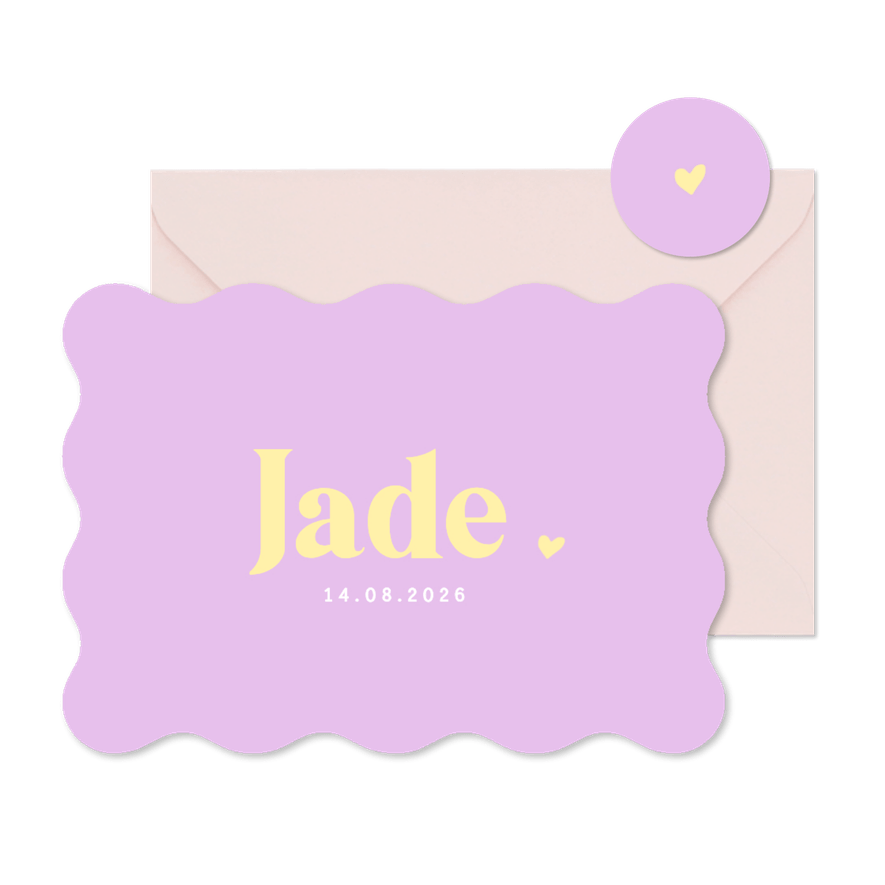 Hip lila colorblocking geboortekaartje meisje golvende rand - Kaartimpressie