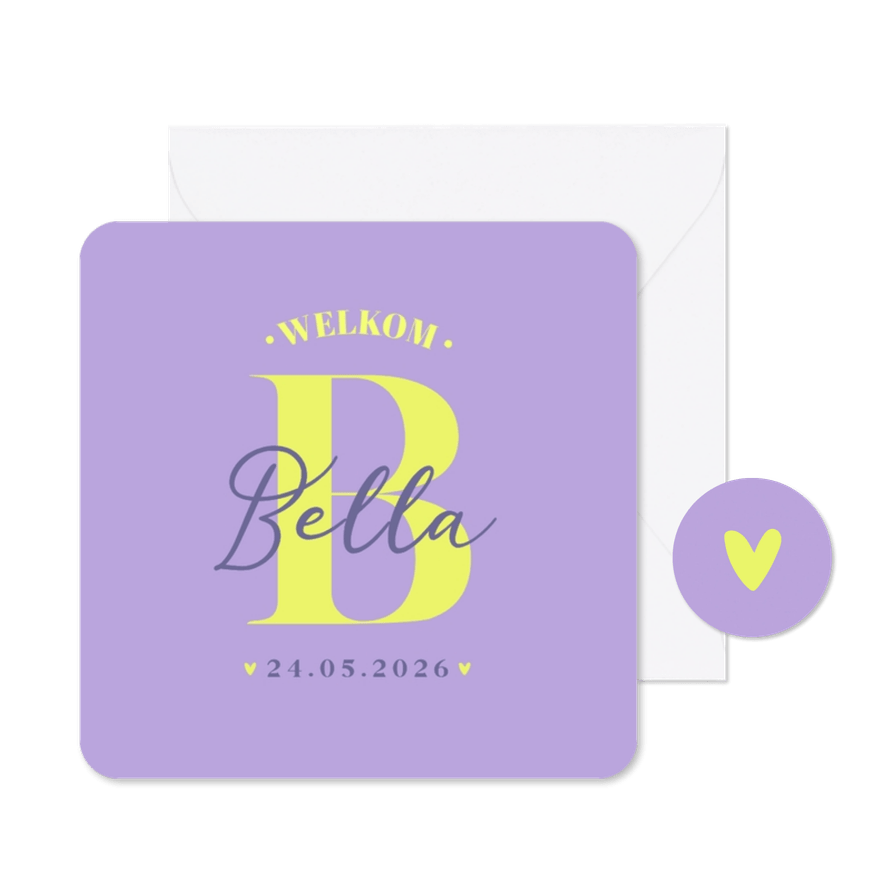 Hip modern stoer geboortekaartje paars geel voorletter - Kaartimpressie