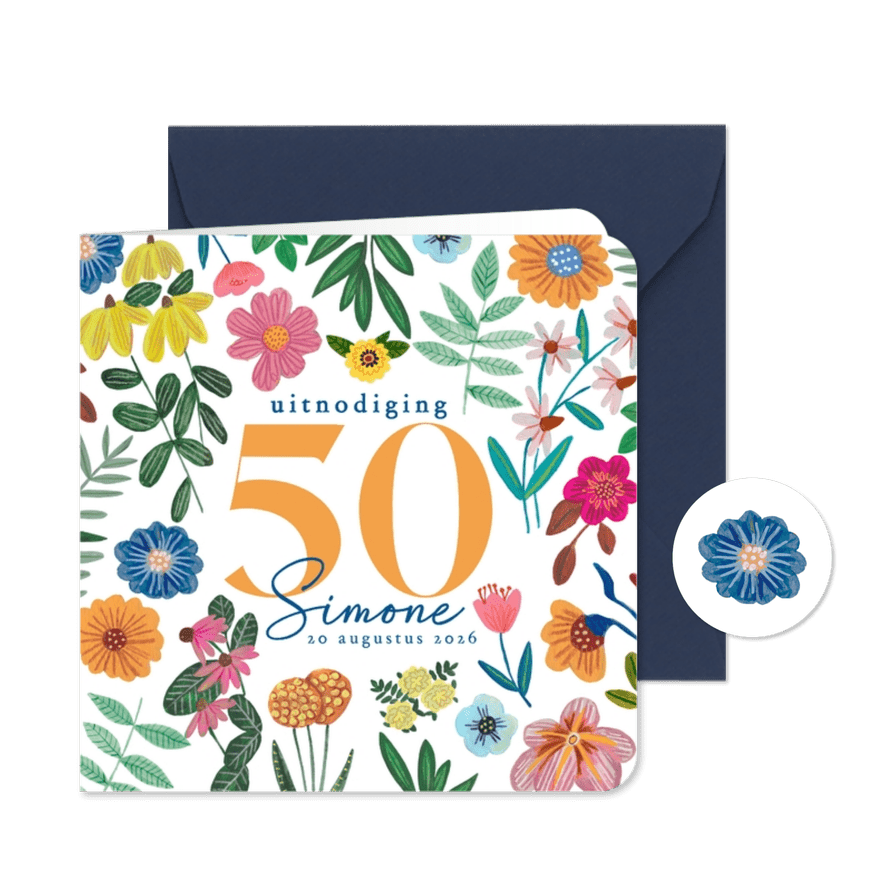 Hip moderne uitnodiging 50 jaar bloemen vrouwelijk feest - Kaartimpressie