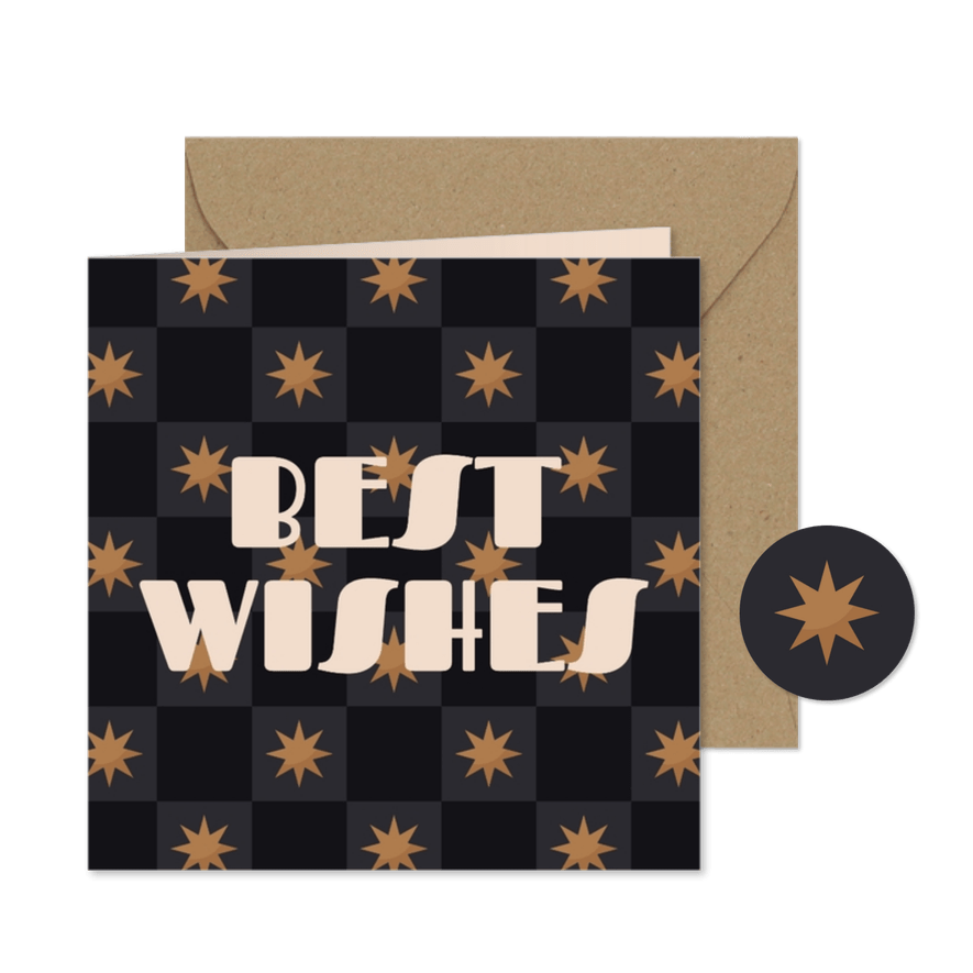 Hip nieuwjaarskaartje blokjespatroon met sterren Best Wishes - Kaartimpressie