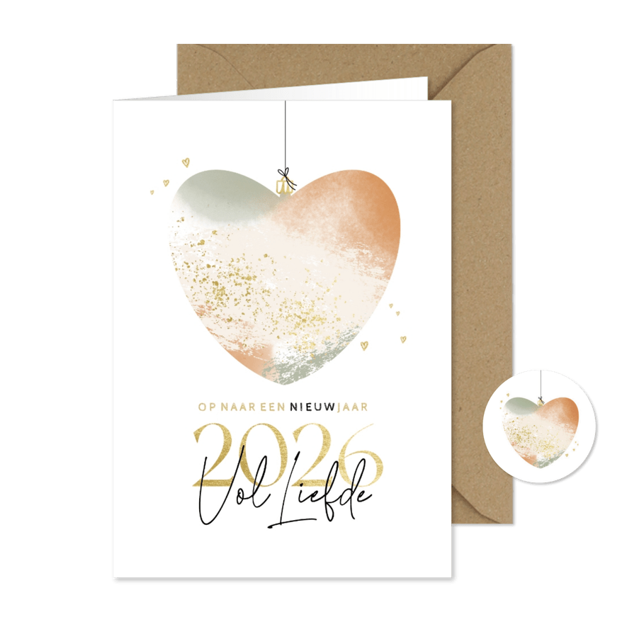 Hip nieuwjaarskaartje hartje kerstbal 2026 vol liefde - Kaartimpressie