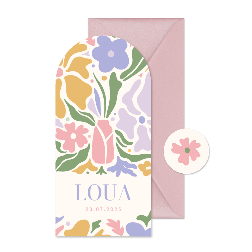 Hip pastel geboortekaartje bloemen langwerpig met boog - Kaartimpressie