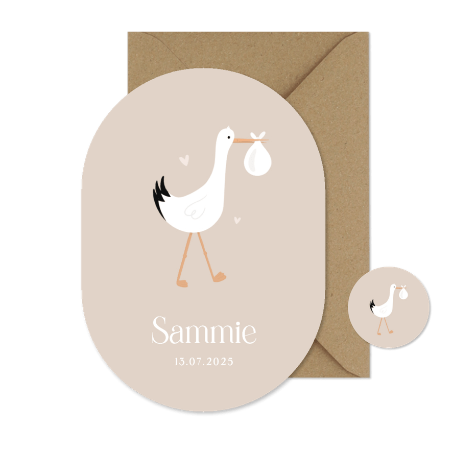 Hip unisex geboortekaartje ovaal met ooievaar illustratie - Kaartimpressie