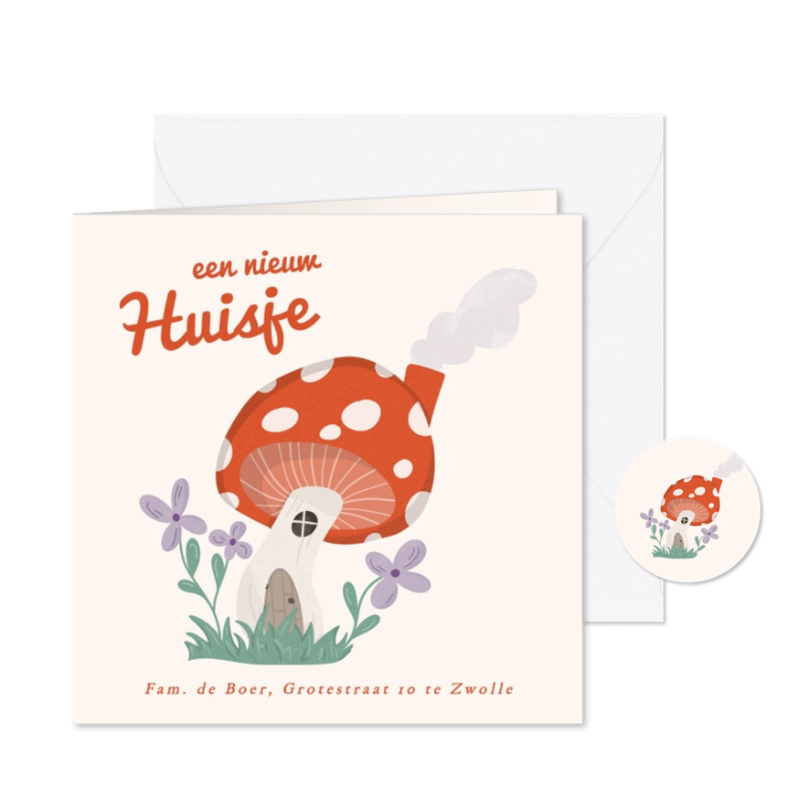 Hip verhuisbericht kaartje met paddestoel huisje en bloemen - Kaartimpressie