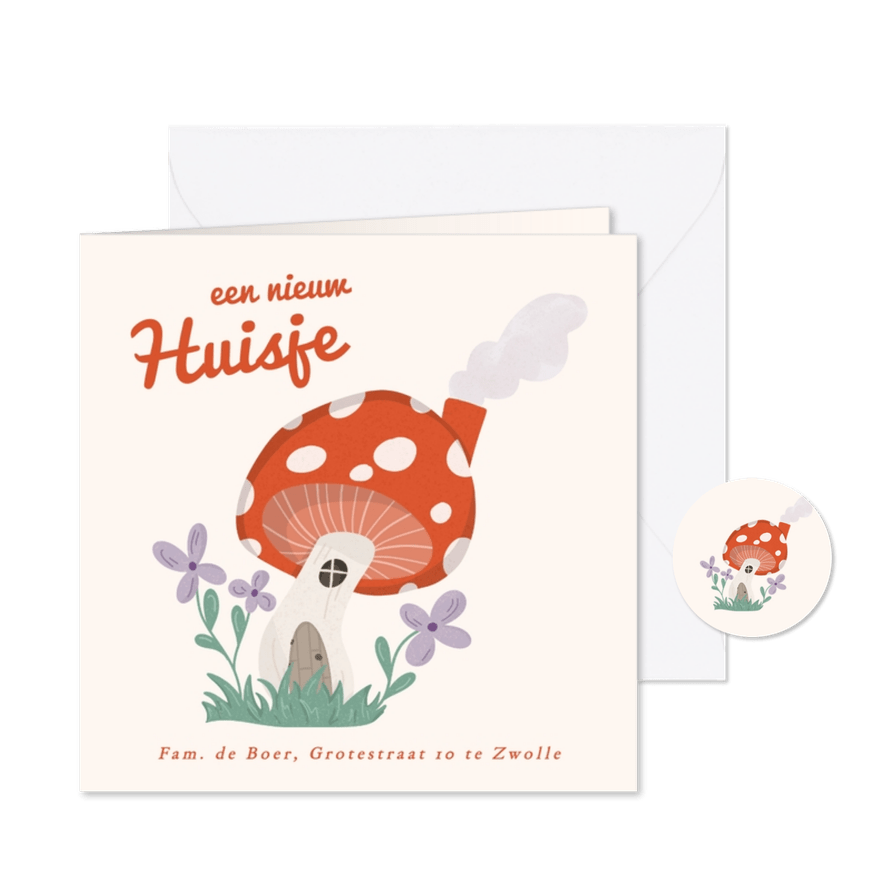 Hip verhuisbericht kaartje met paddestoel huisje en bloemen - Kaartimpressie