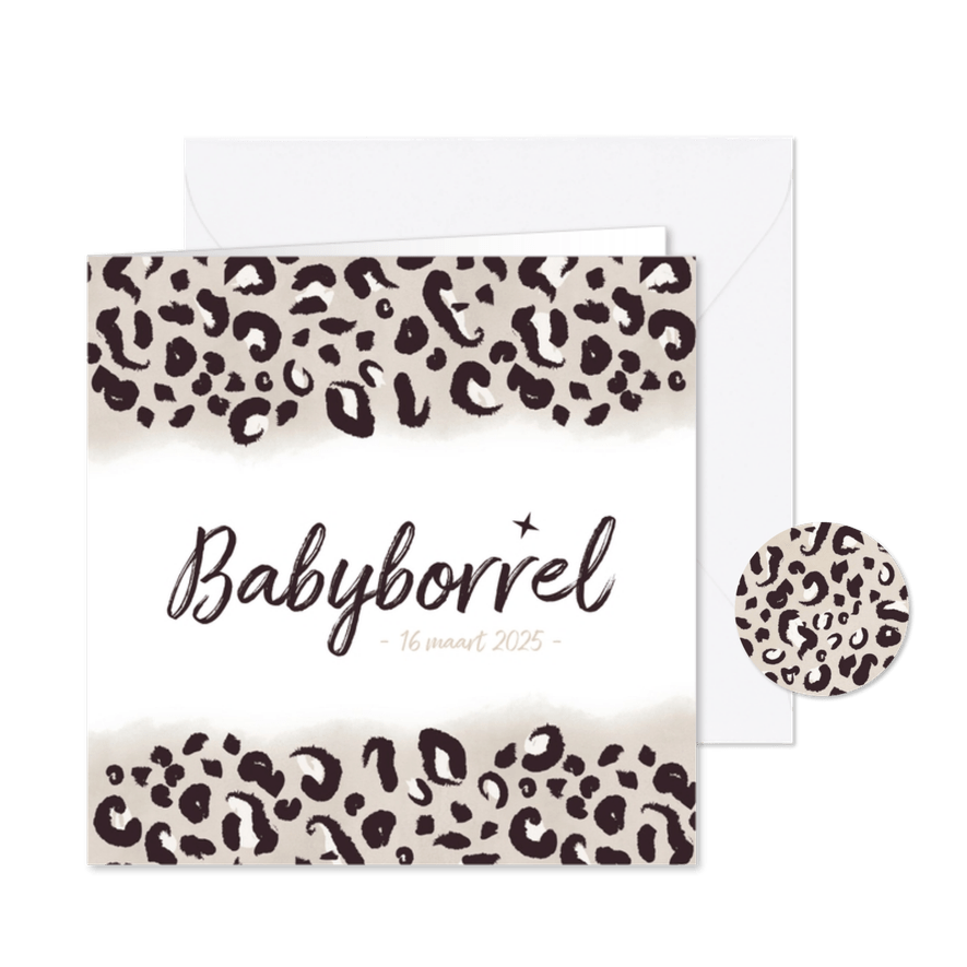 Hippe babyborrel uitnodiging met taupe panterprint en datum - Kaartimpressie