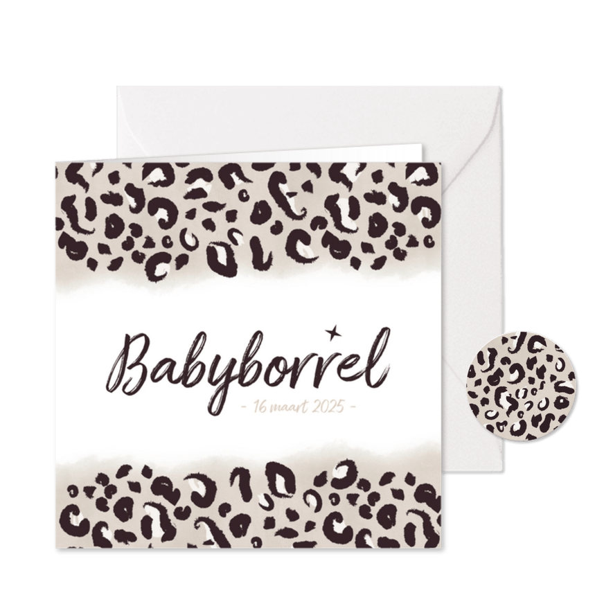 Hippe babyborrel uitnodiging met taupe panterprint en datum - Kaartimpressie