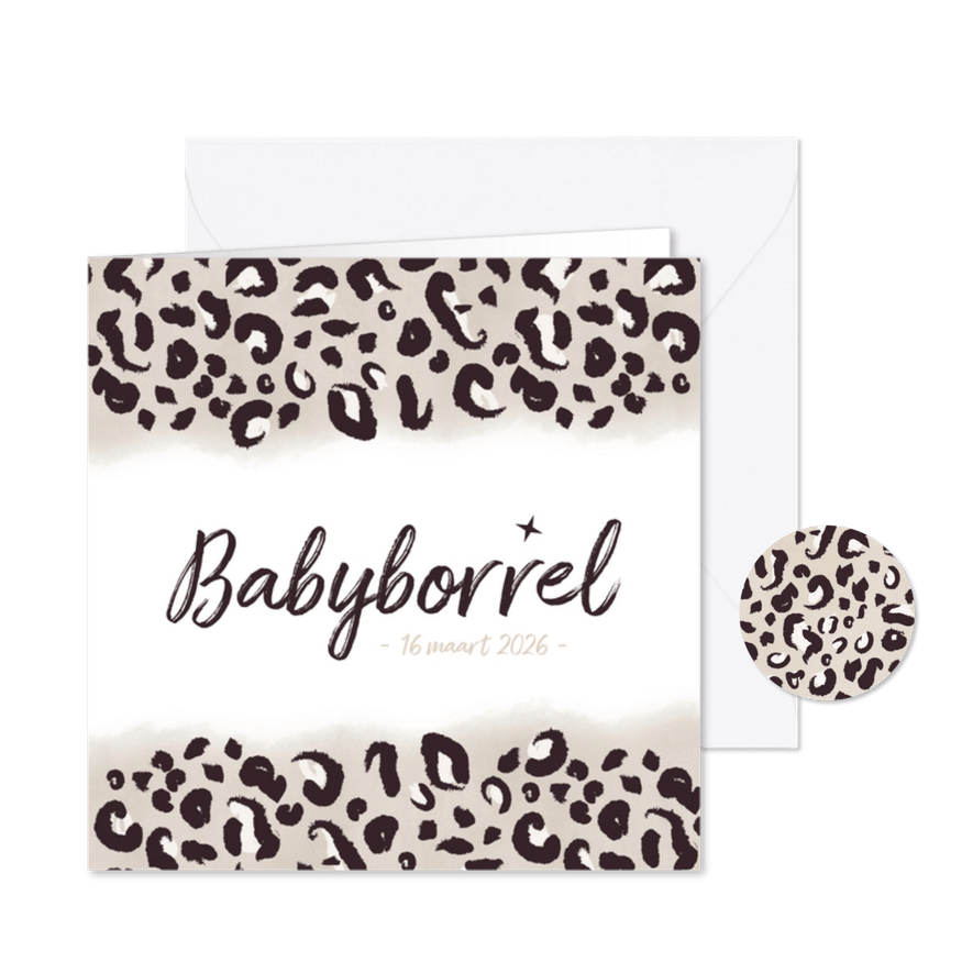 Hippe babyborrel uitnodiging met taupe panterprint en datum - Kaartimpressie