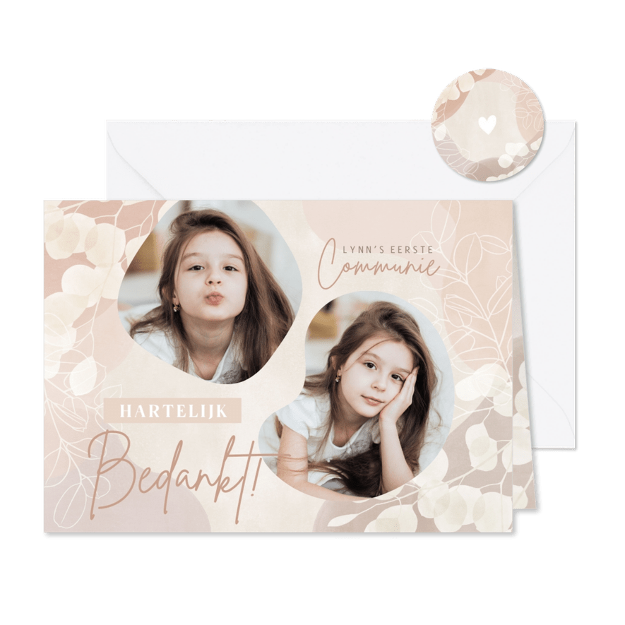 Hippe bedankkaart eerste communie takjes hartjes en vormen - Kaartimpressie