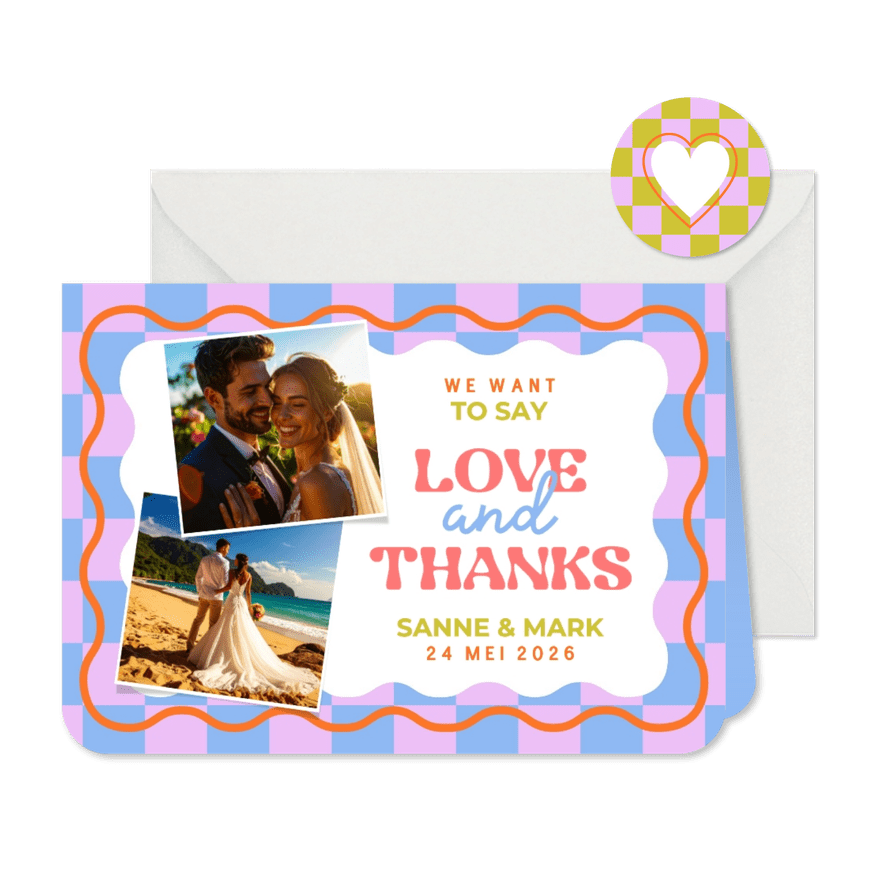 Hippe bedankkaart love&thanks trouwdag met wave en blokjes - Kaartimpressie