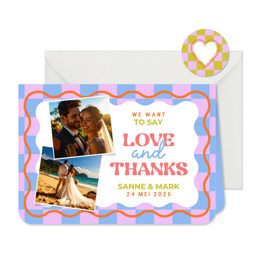 Hippe bedankkaart love&thanks trouwdag met wave en blokjes - Kaartimpressie