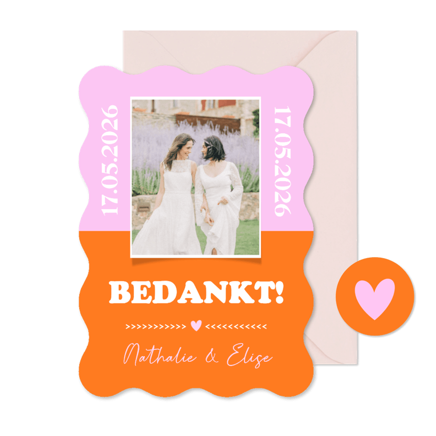 Hippe bedankkaart trouwen met foto in colorblocking stijl - Kaartimpressie