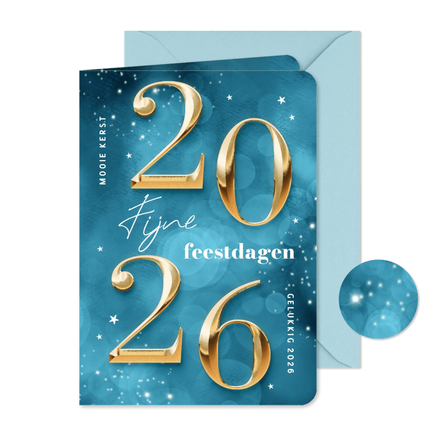 Hippe blauwe kerstkaart cijfers 2026 goud sprankelend - Kaartimpressie