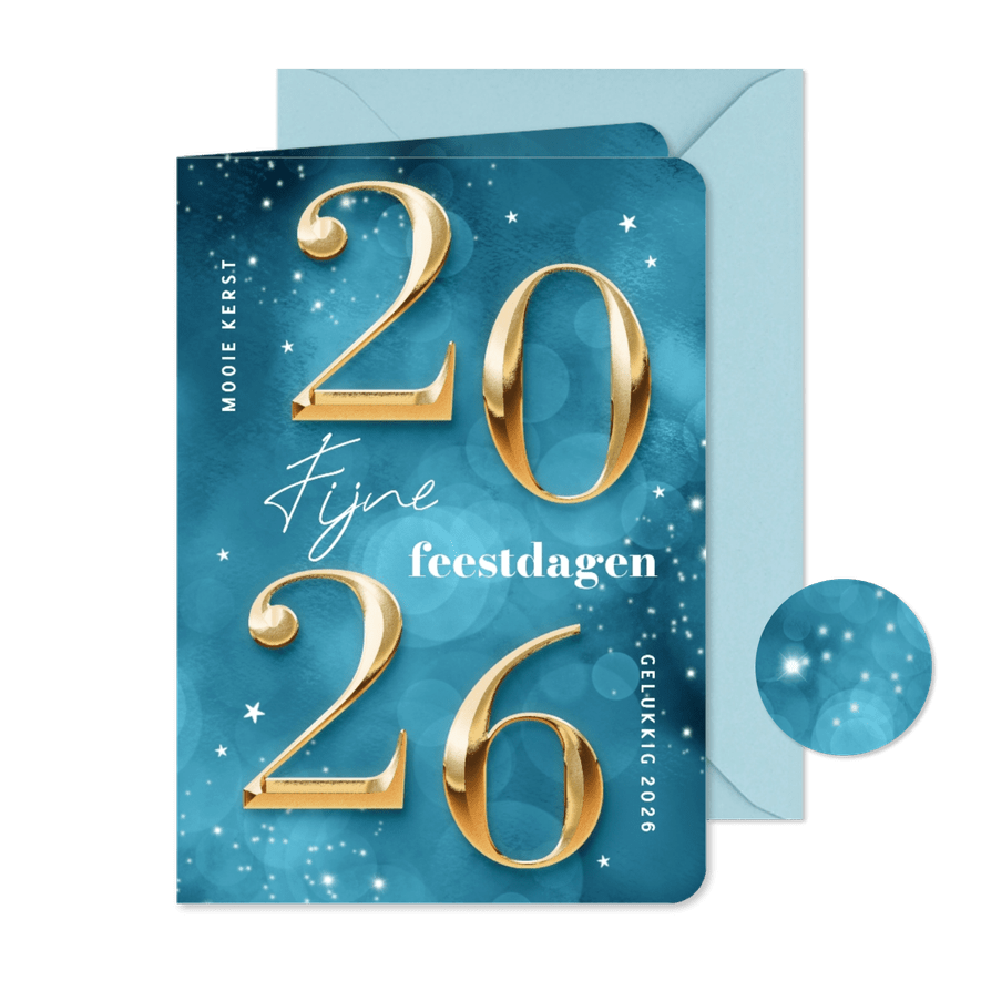 Hippe blauwe kerstkaart cijfers 2026 goud sprankelend - Kaartimpressie