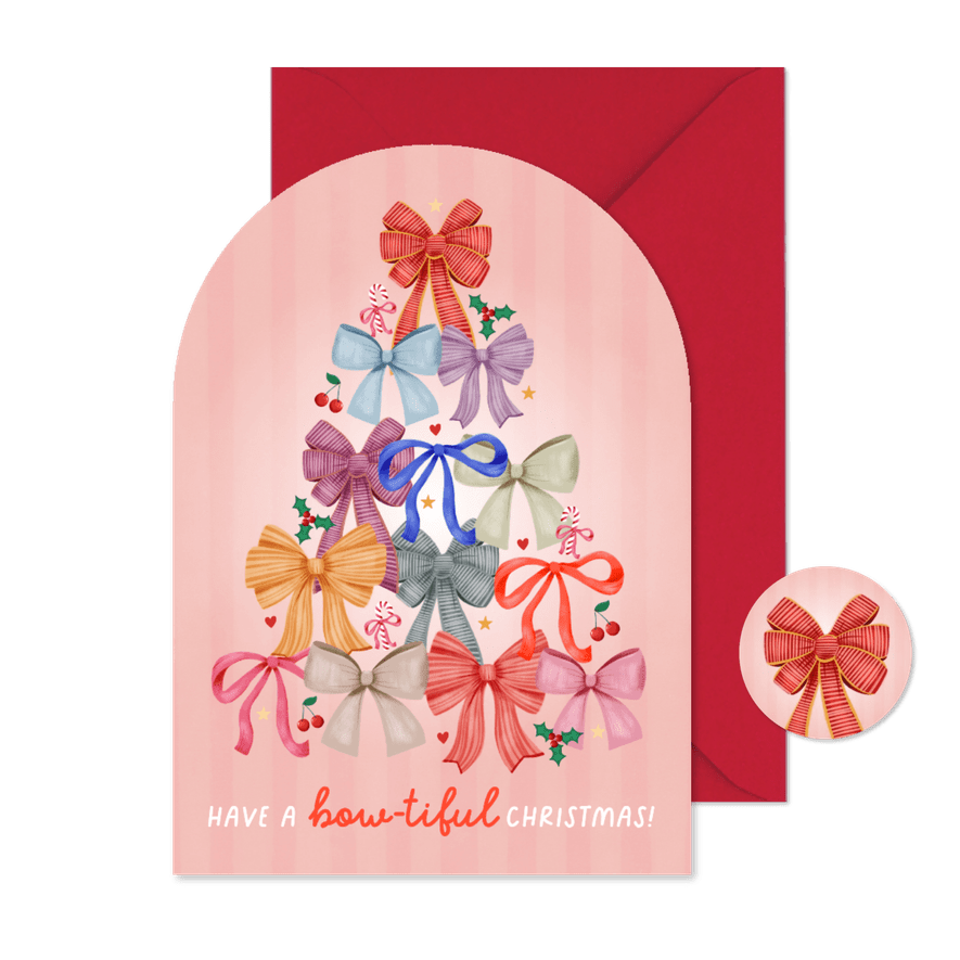 Hippe boog kerstkaart strikjes kerstboom hartjes en hulst - Kaartimpressie