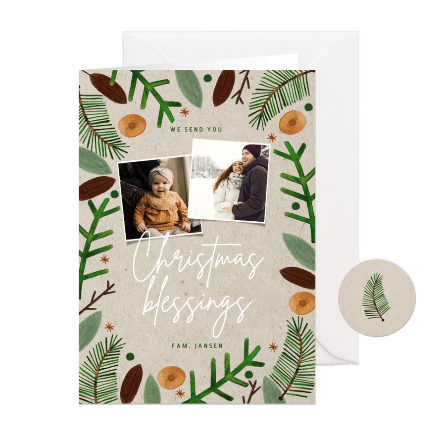 Hippe Christmas Blessings kerstkaart groene takjes foto's - Kaartimpressie