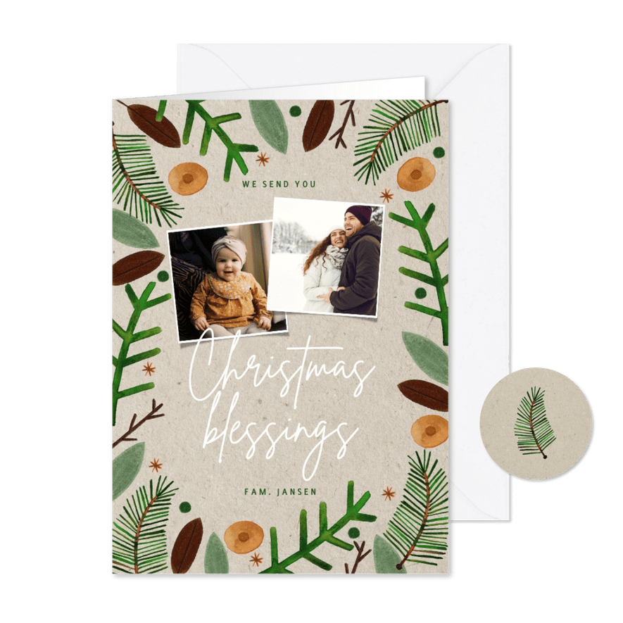 Hippe Christmas Blessings kerstkaart groene takjes foto's - Kaartimpressie