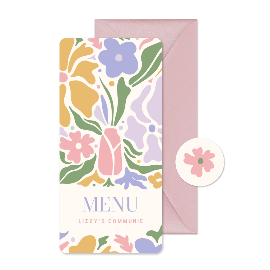 Hippe communie menukaart met pastel bloemen illustratie - Kaartimpressie