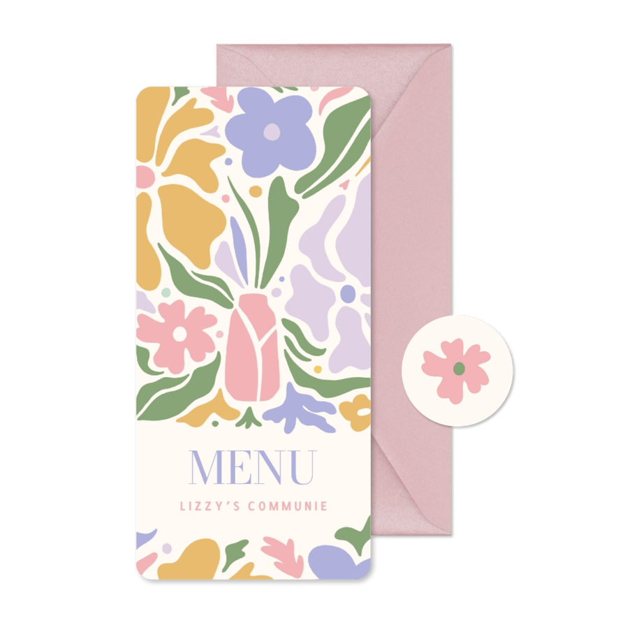 Hippe communie menukaart met pastel bloemen illustratie - Kaartimpressie