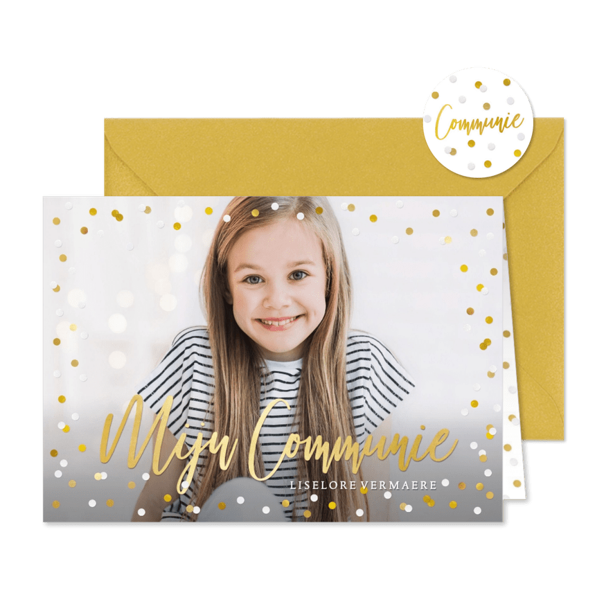 Hippe communie uitnodigingskaart met eigen foto en confetti - Kaartimpressie