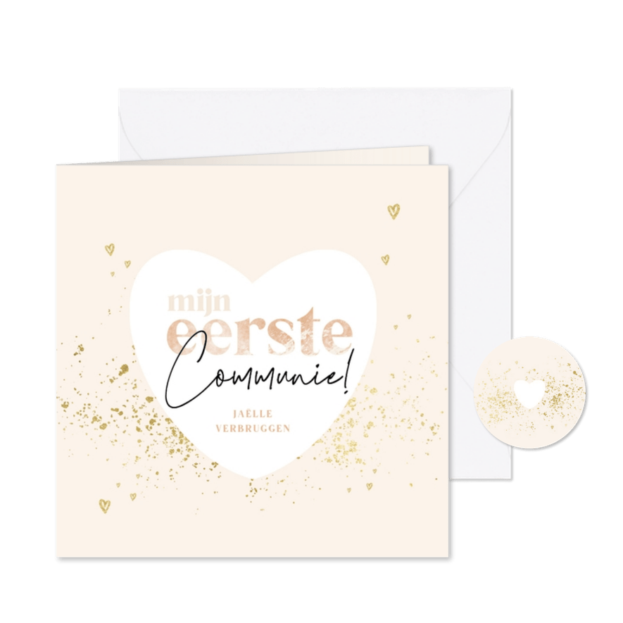 Hippe communiekaart uitnodiging gouden spetters hartjes roze - Kaartimpressie