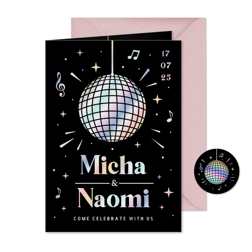 Hippe disco trouwkaart uitnodiging met discobal en holofolie - Kaartimpressie