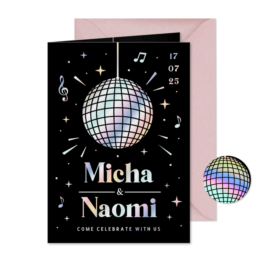 Hippe disco trouwkaart uitnodiging met discobal en holofolie - Kaartimpressie