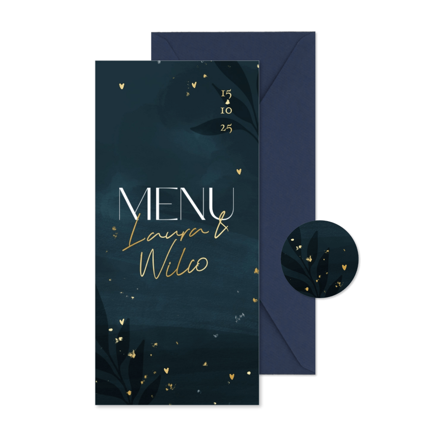 Hippe donkerblauwe menukaart met gouden hartjes - Kaartimpressie