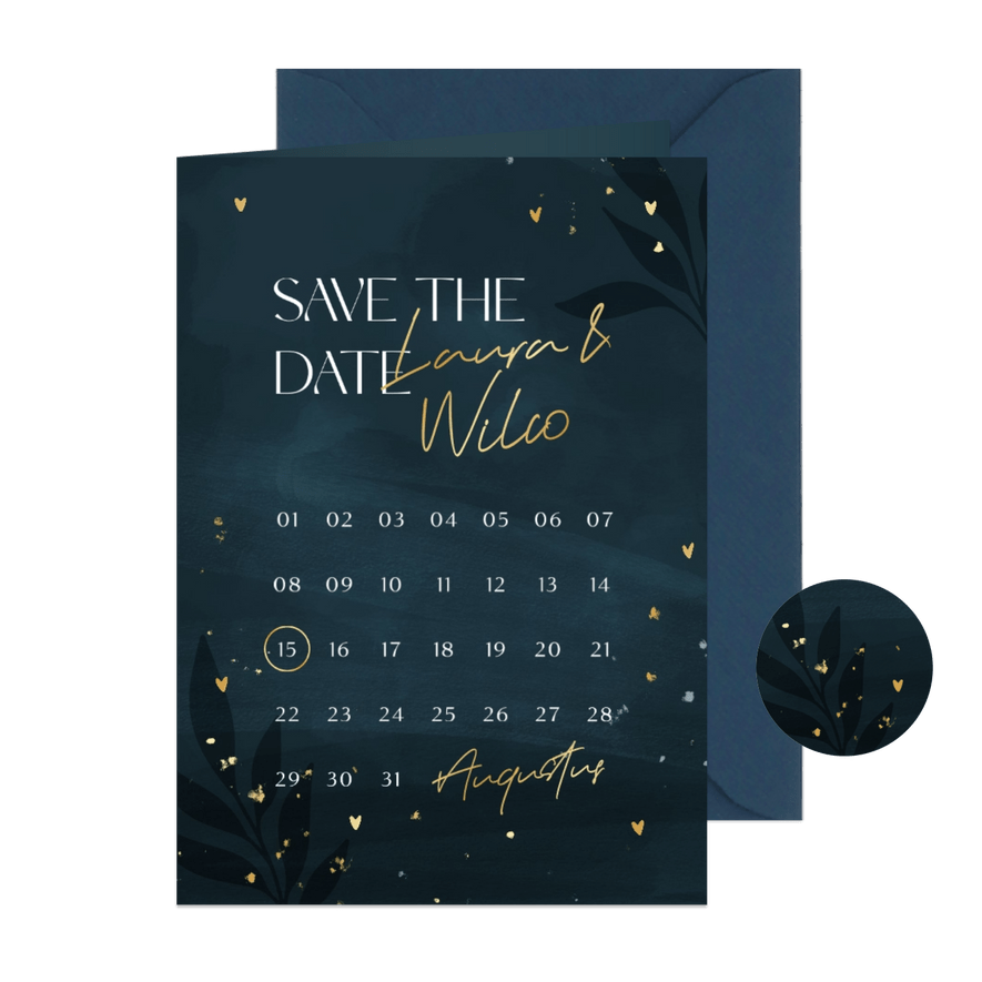 Hippe donkerblauwe save the date kalender met gouden hartjes - Kaartimpressie