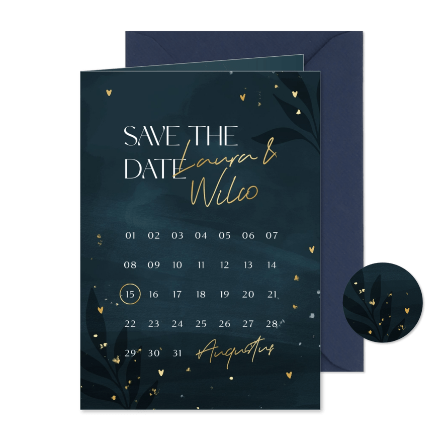 Hippe donkerblauwe save the date kalender met gouden hartjes - Kaartimpressie