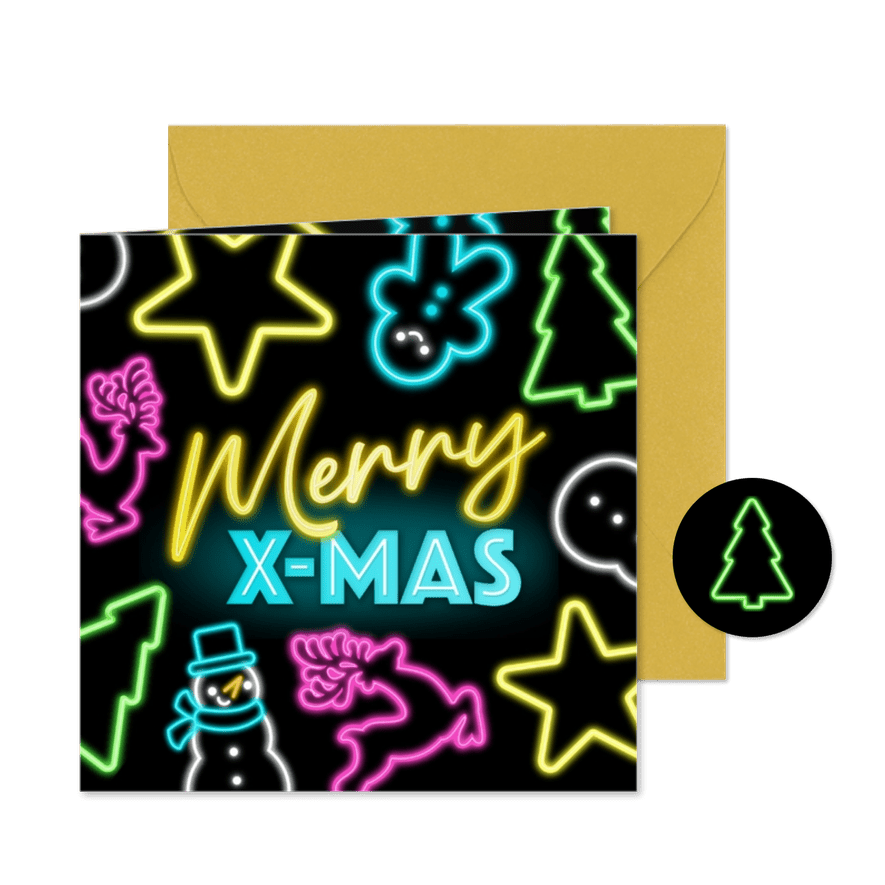 Hippe en originele kerstkaart met neon figuren en letters - Kaartimpressie