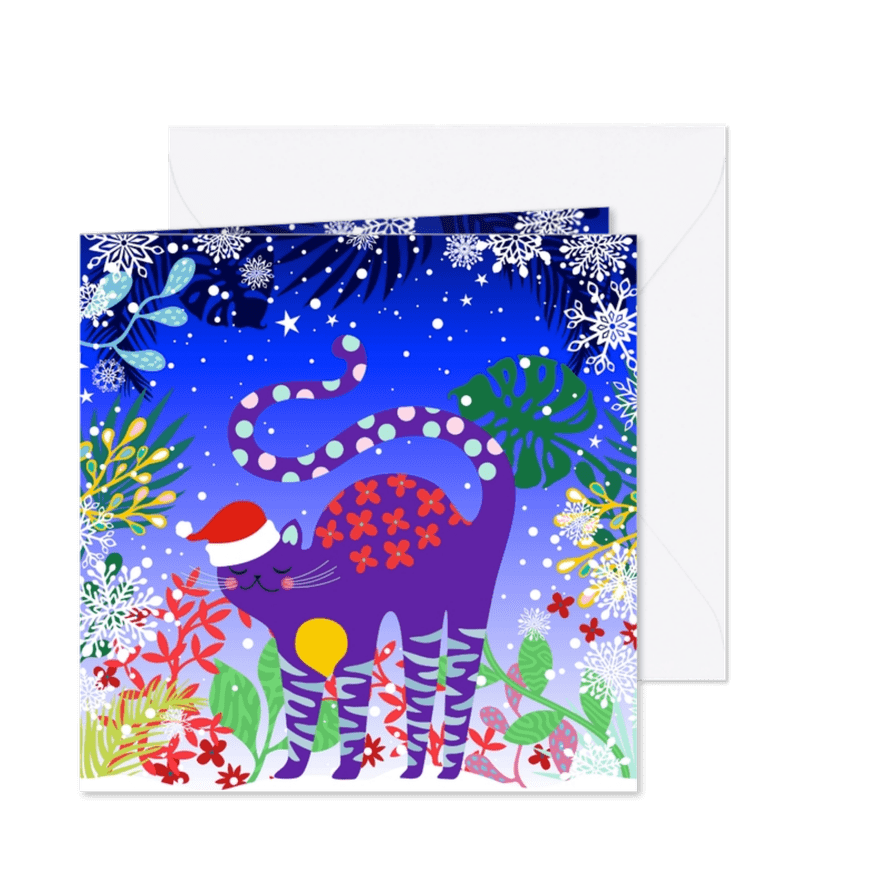 Hippe en vrolijke kerstkaart met kat in de sneeuw - Kaartimpressie